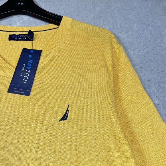 Nautica Sweater Mens Medium Yellow Lightweight Navtech Jersey V-Neck Sweater NWT - Picture 3 of 11